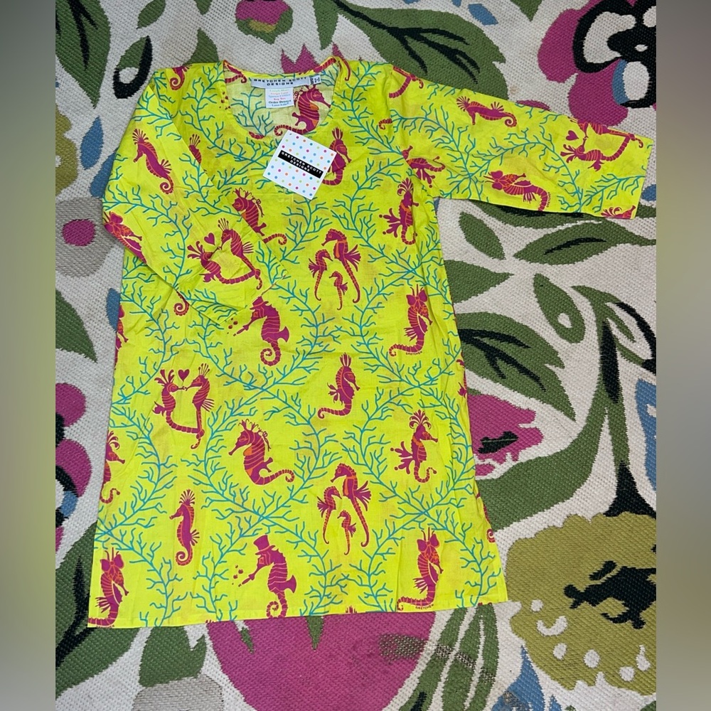 Gretchen Scott Child Tunic Coverup Dress SEA HORSE Green sz 10/12 NWT
